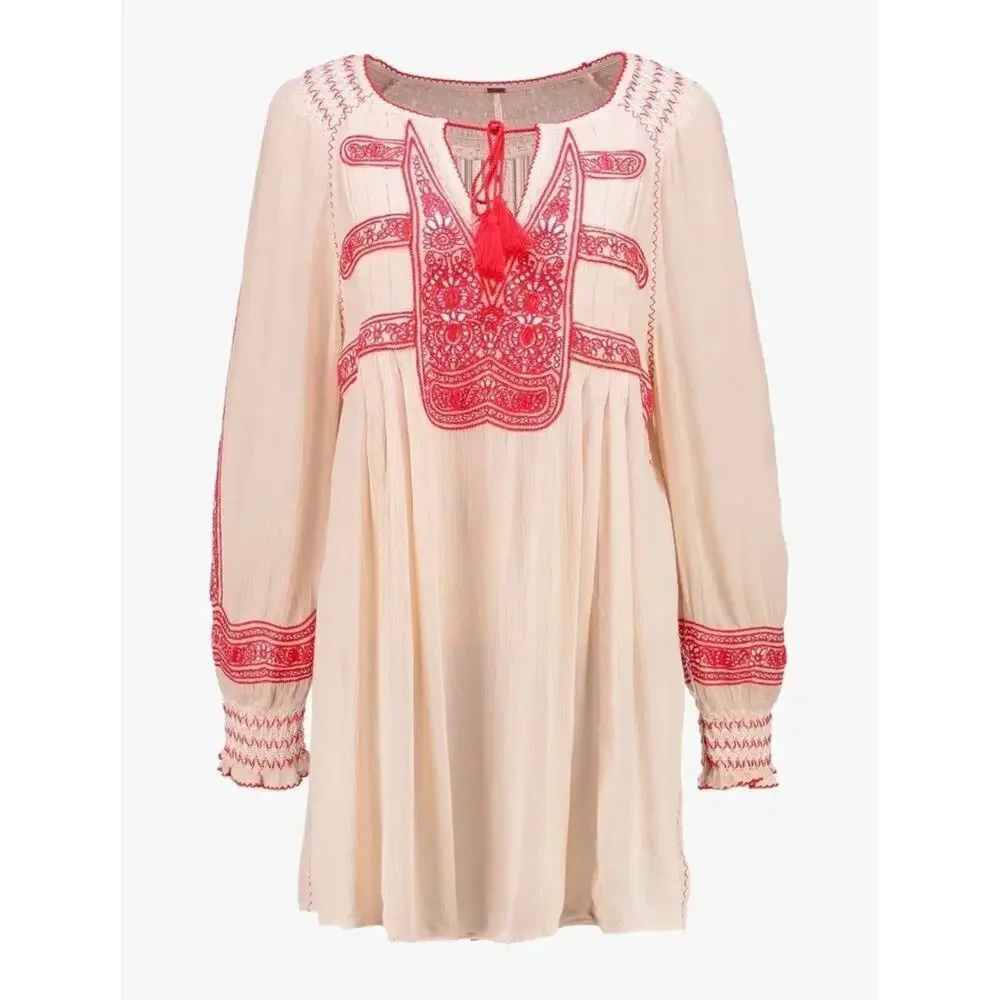 Free People Wind Willow Cashmere Dress Long Sleeve Mini Red Cream Size XS